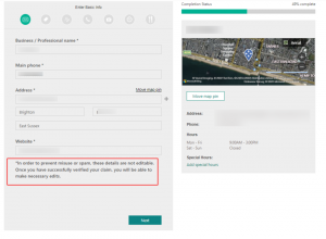 Bing claim details edit warning